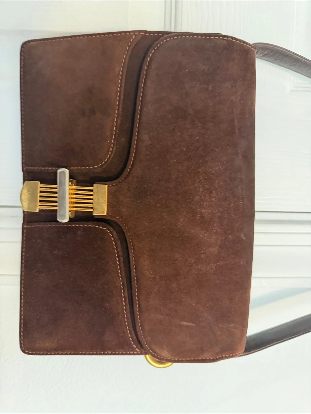 Gucci Dark Brown Suede Messenger Bag with Gold Hardware